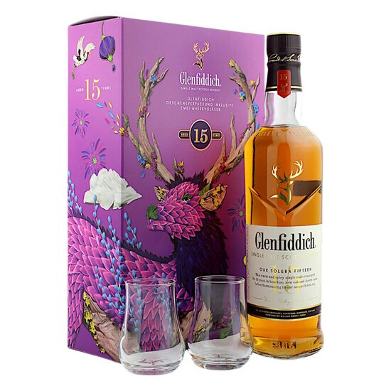 Glenfiddich 15yr old Single Malt 70cl + 2 Glasses Gift Pack